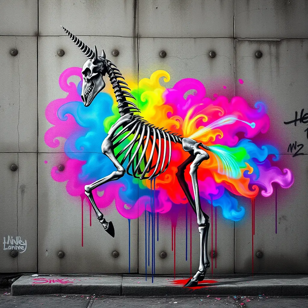 Ein Einhornskelett sprüht neonfarbenen Regenbogenrauch auf eine Betonwand