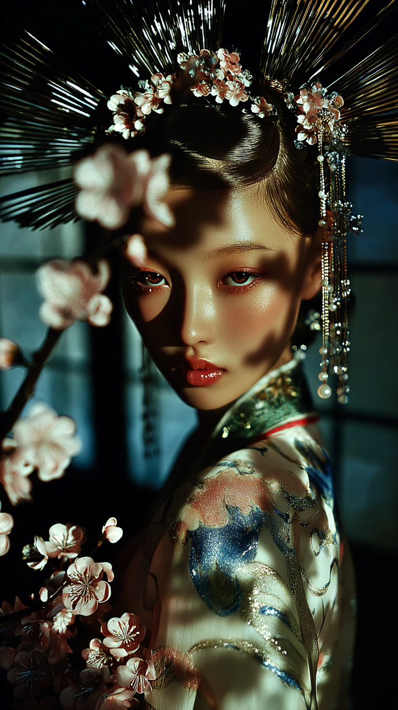 春日宮苑中手捧花枝的空靈奇幻女子