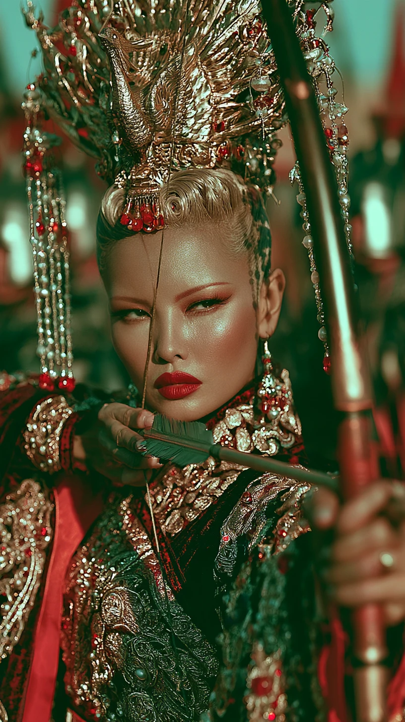 Uma imperatriz chinesa mira com um arco no pátio de um palácio