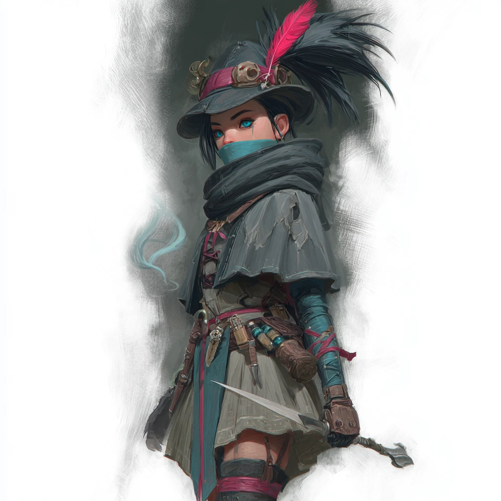 A gnome rogue with pink-striped black hair, a mask, and a magic dagger