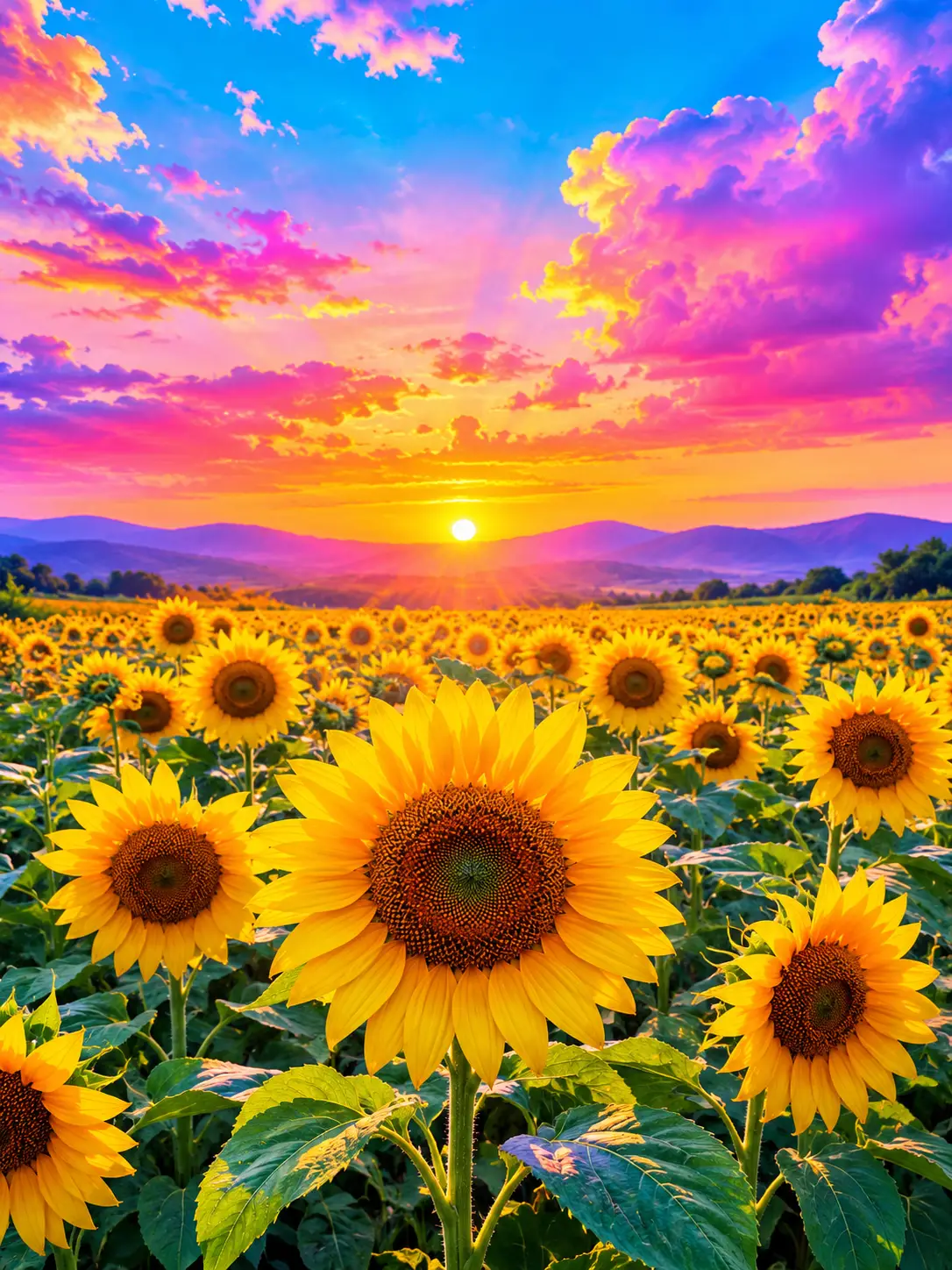 Ein Sonnenblumenfeld unter einem Himmel in pastelligen Neonfarben