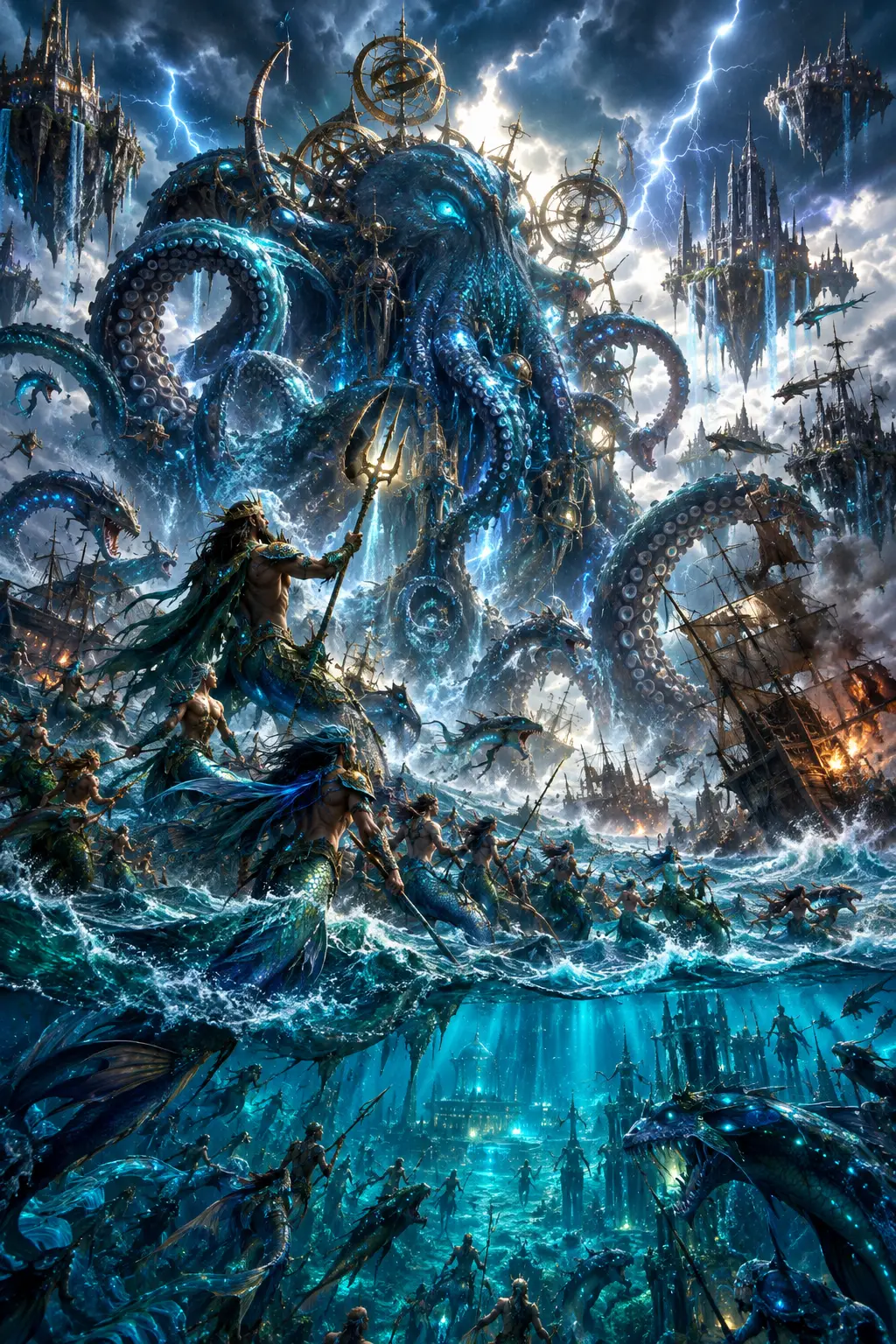 Un kraken bioluminescente emerge da una caotica tempesta oceanica