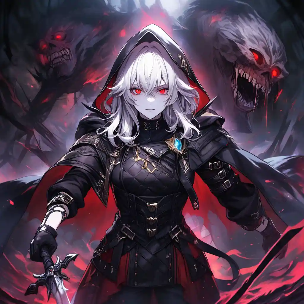A hooded fantasy ranger with red eyes and a silver sword