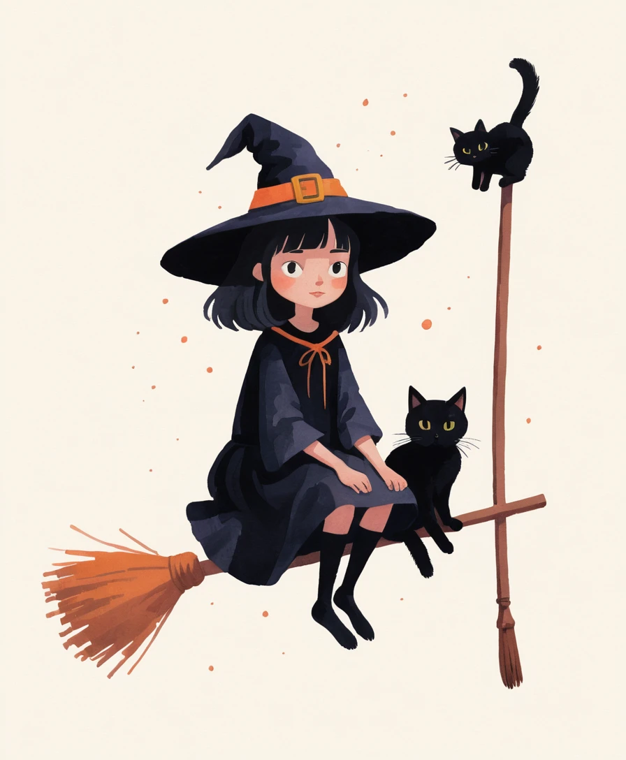 A Witch Sits Calmly on a Floating Broom Beside Her Black Cat