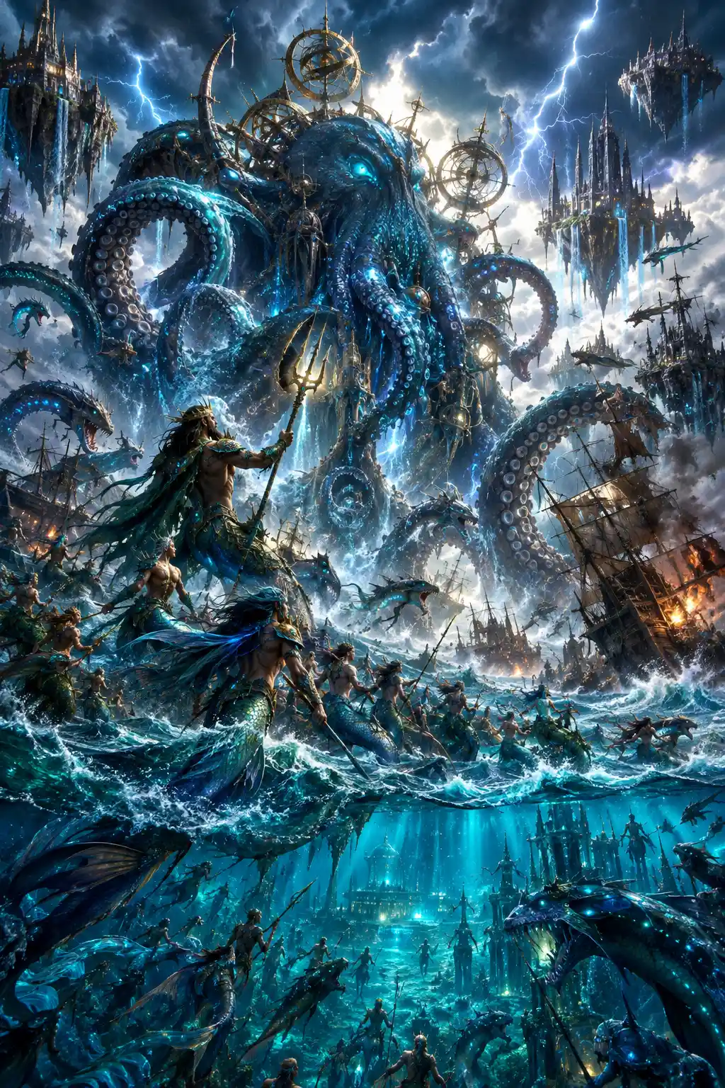 發光的克拉肯從狂暴的海洋風暴中升起