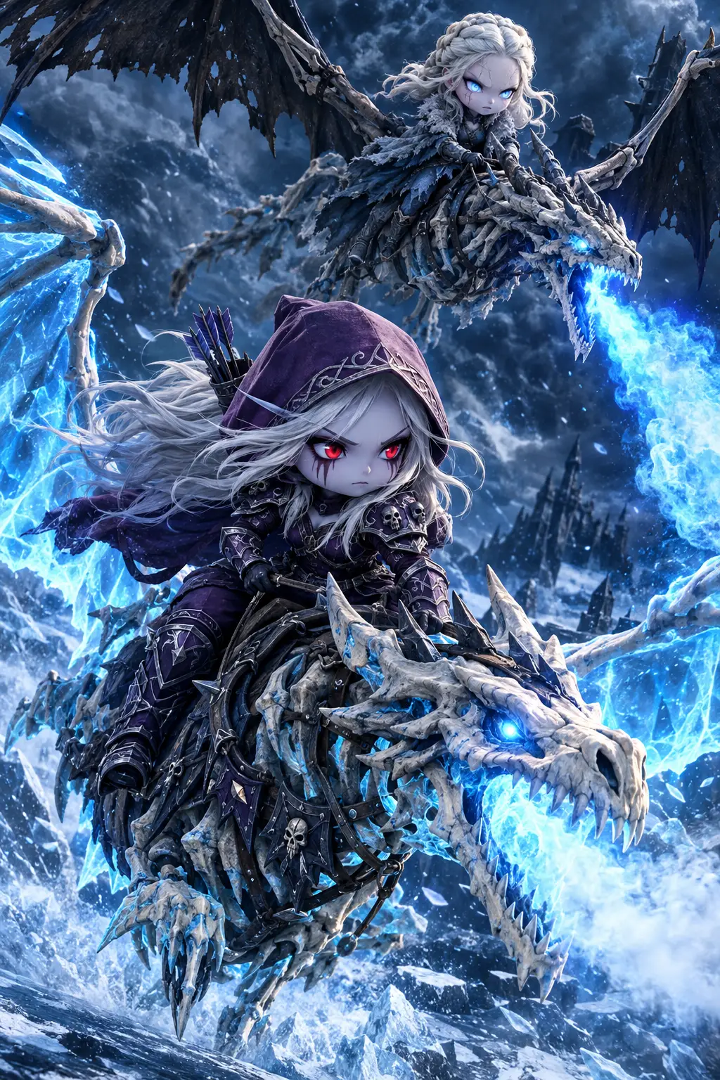 Sylvanas reitet auf einem skelettierten Frostwyrm über gefrorenen Boden