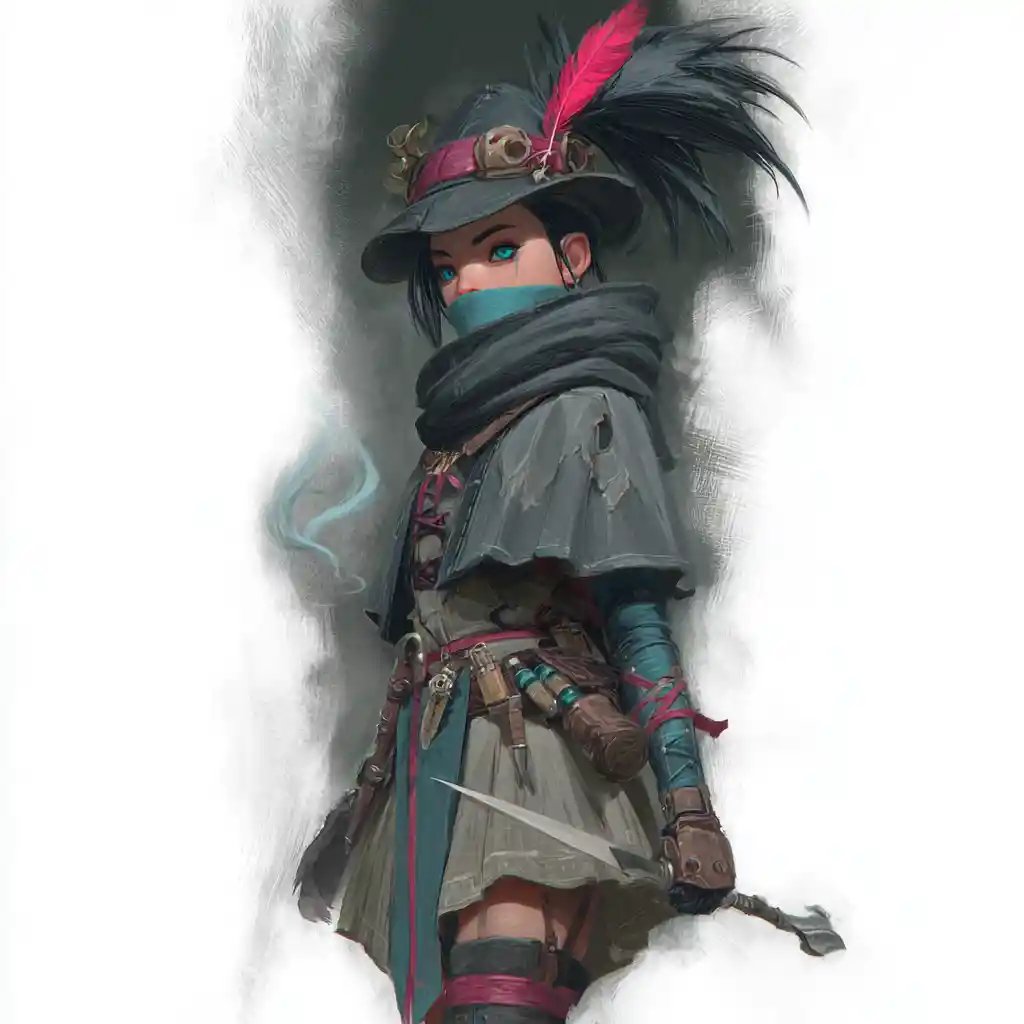 A gnome rogue with pink-striped black hair, a mask, and a magic dagger