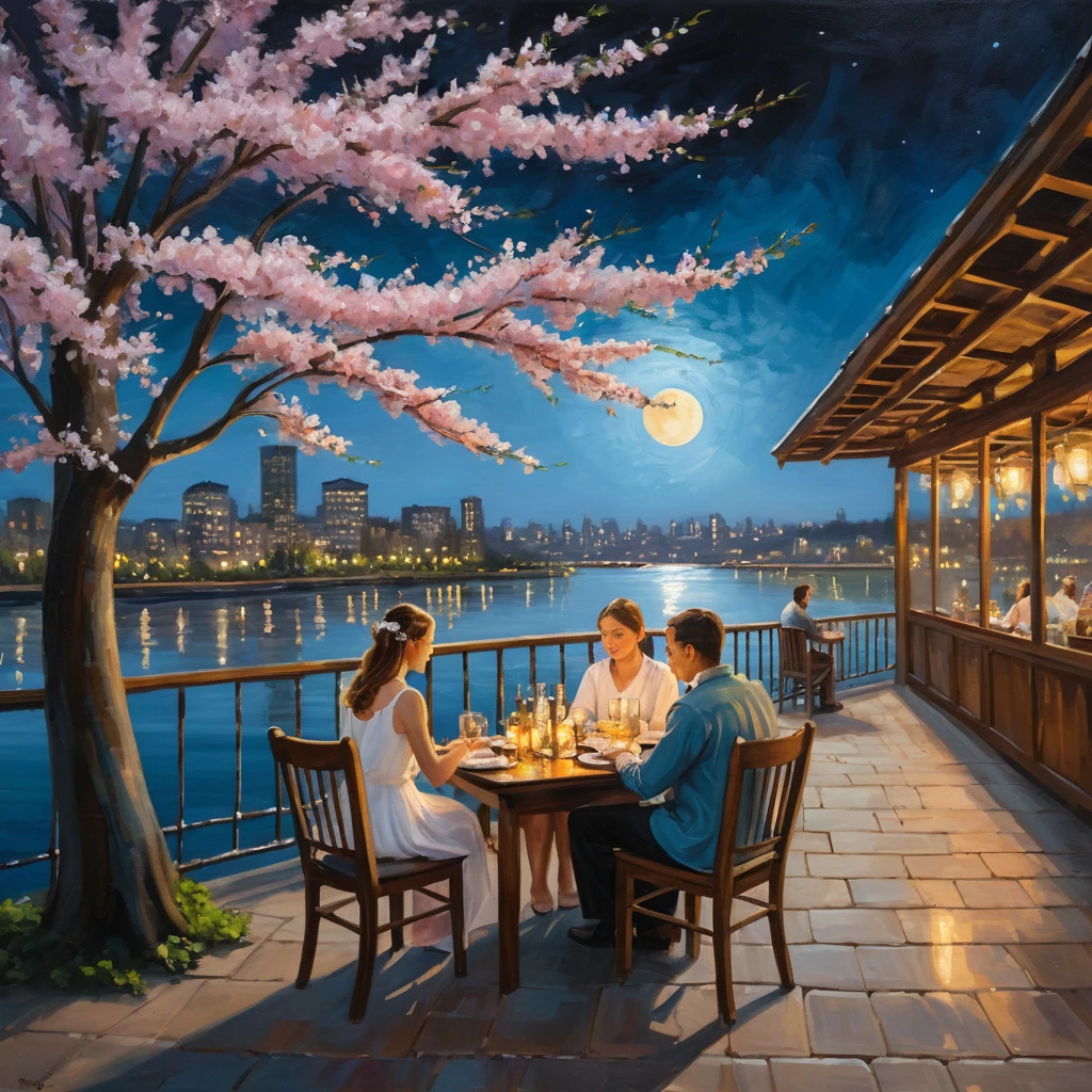 A Couple Sits on a Moonlit Restaurant Patio by the River