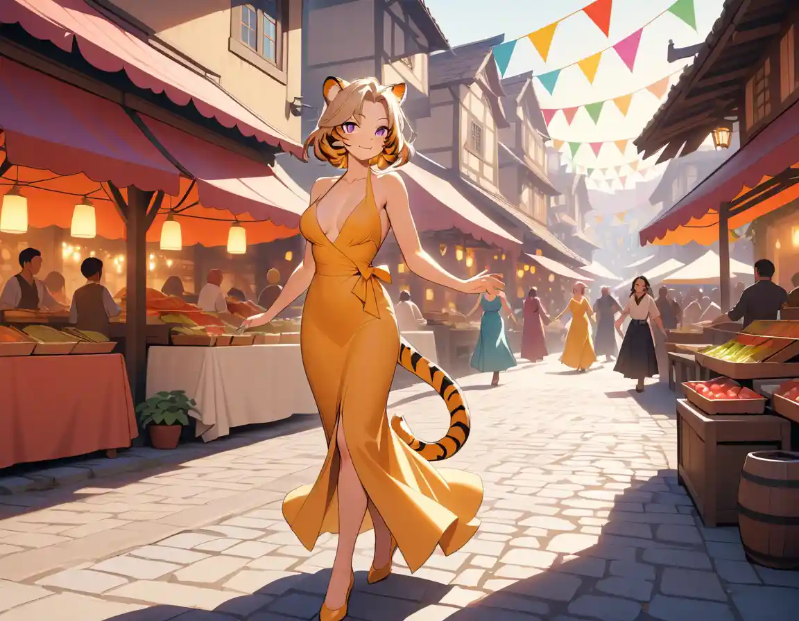 A tiger woman stands in a festive village square at golden hour