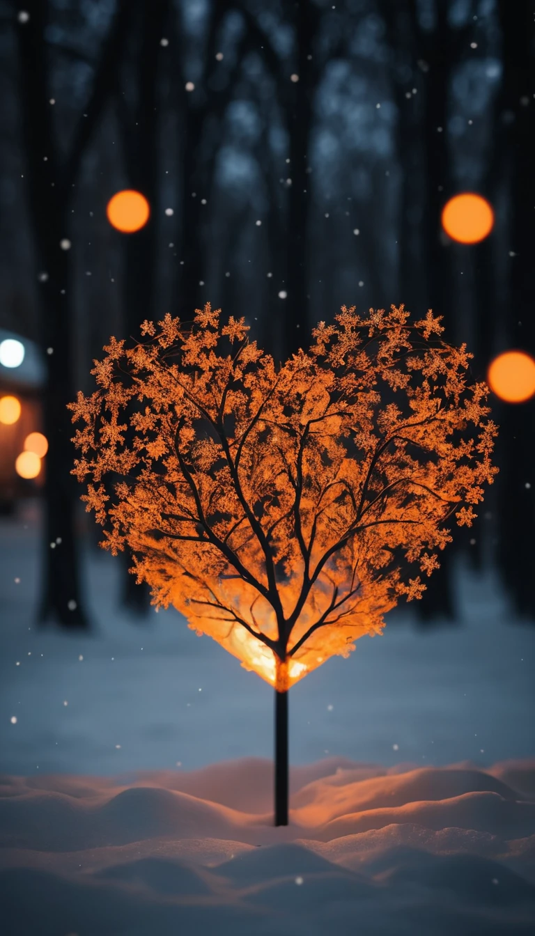 橘色雪花在暗夜月光散景中翩然旋舞