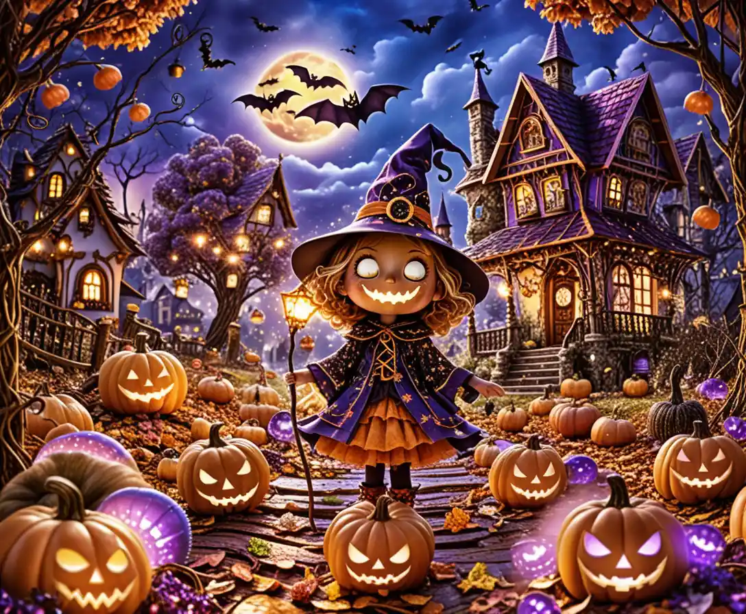 A child stands among glowing jack-o’-lanterns on Halloween