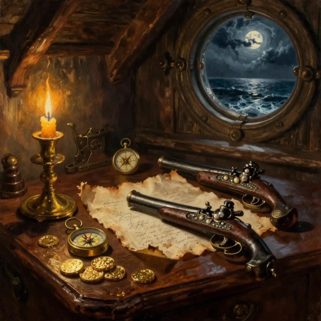 La scrivania nella cabina di un capitano pirata, illuminata dalla calda luce dorata delle candele