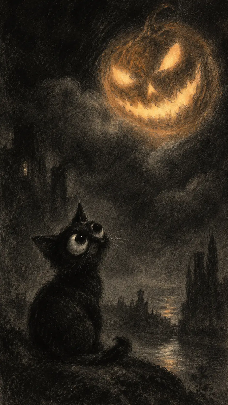 一隻睜大雙眼的黑貓，仰望著咧嘴而笑的南瓜月亮