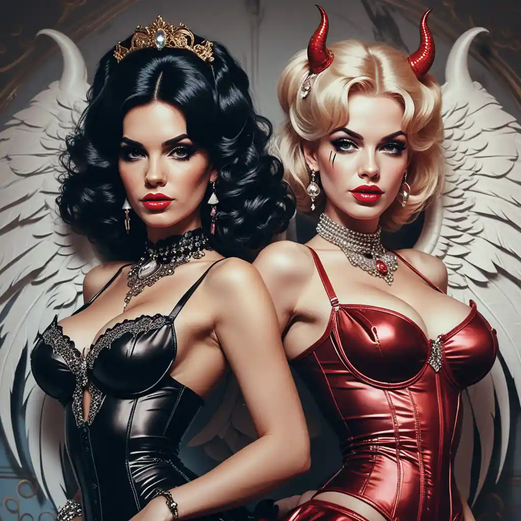 Zwei Frauen posieren als Engel und Teufel im glamourösen Halloween-Pin-up-Stil