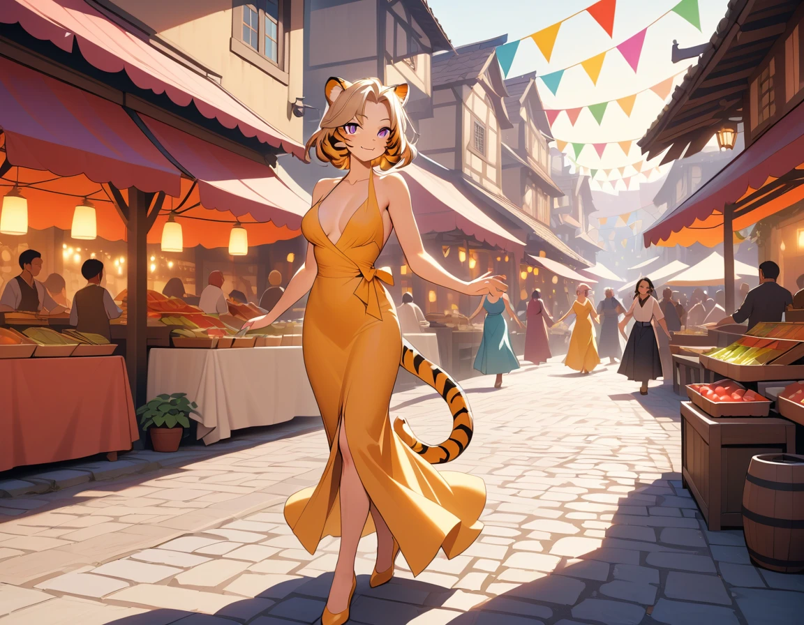 A tiger woman stands in a festive village square at golden hour