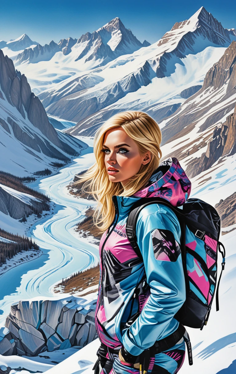 Eine blonde Frau in taktischer Ausrüstung überblickt einen schneeschmelzenden Gebirgspass in Montana