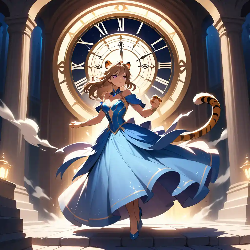 A Tiger Woman Runs Down Moonlit Palace Steps In A Blue Gown