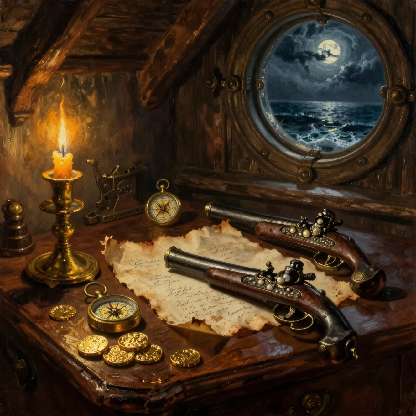 Der Schreibtisch in der Kajüte eines Piratenkapitäns im warmen goldenen Kerzenlicht