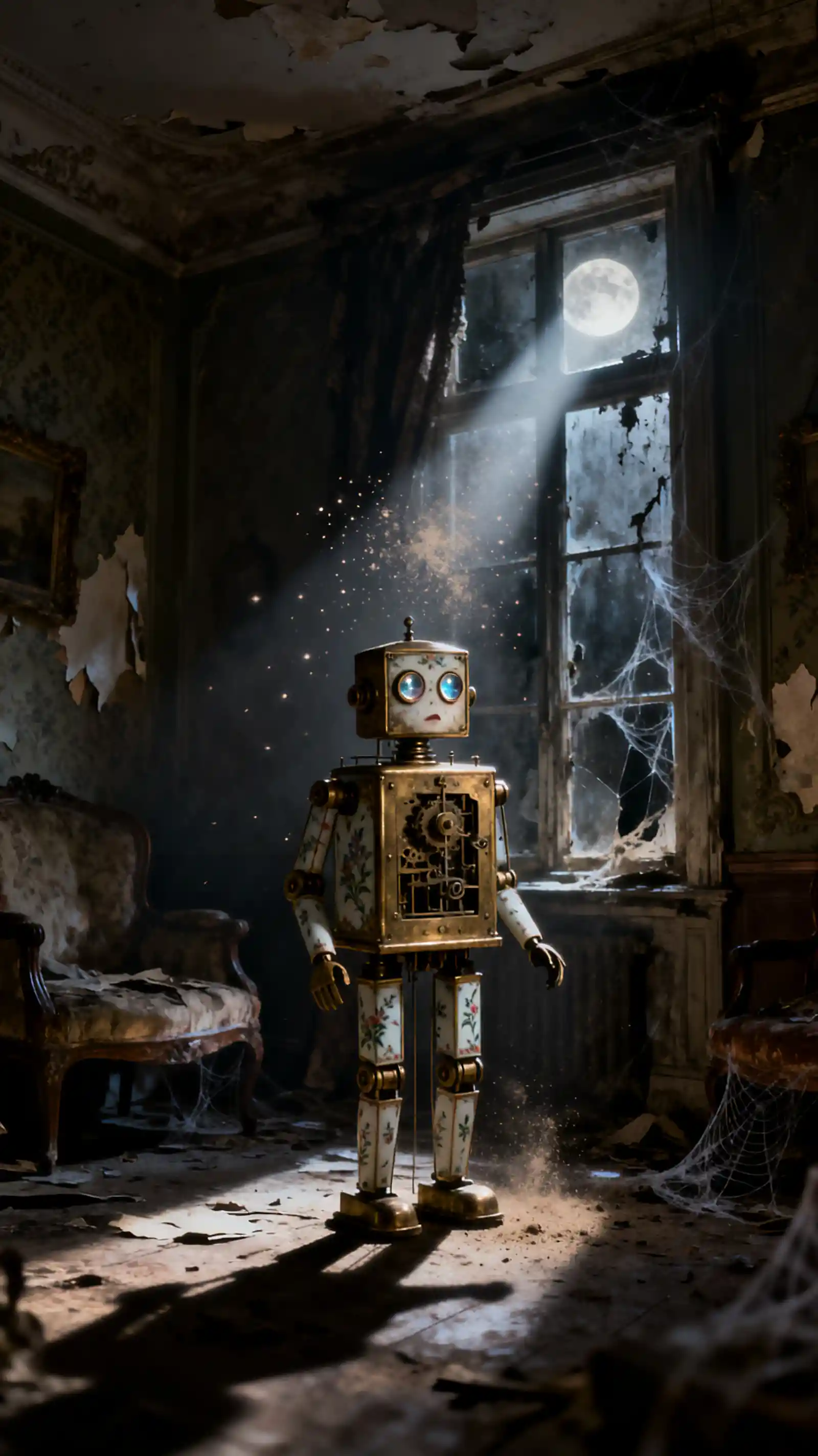 A solitary brass automaton stands in a forgotten Victorian parlor