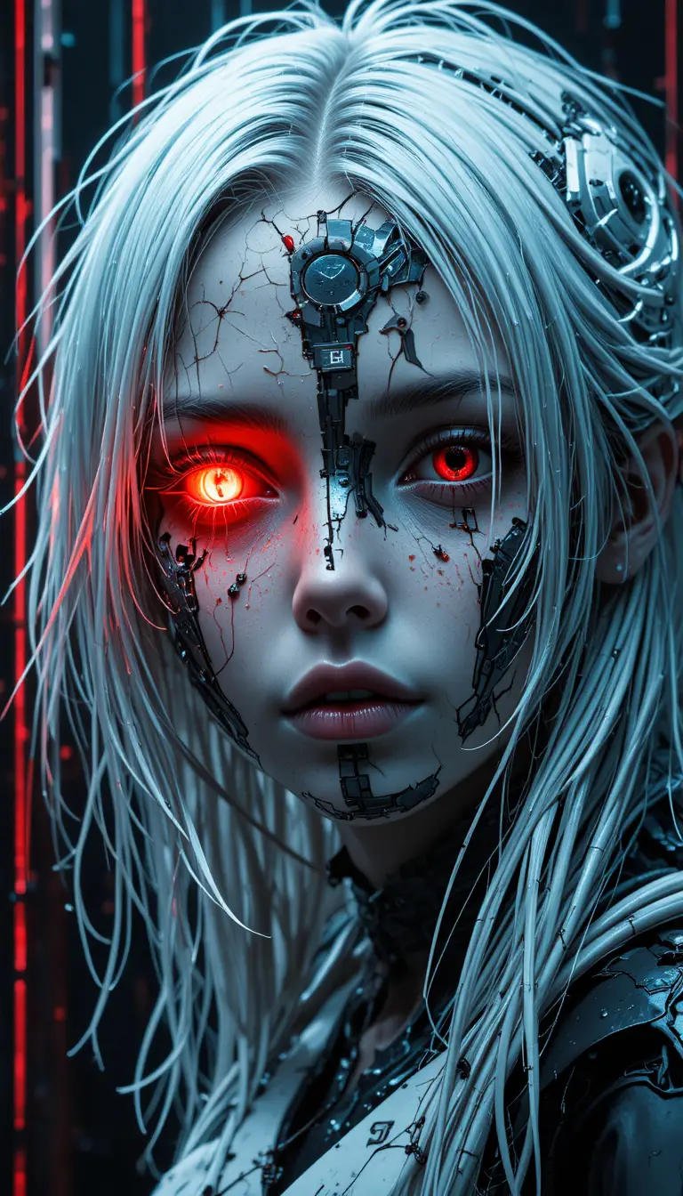 Una ragazza anime dal volto crepato e dagli occhi cibernetici luminosi