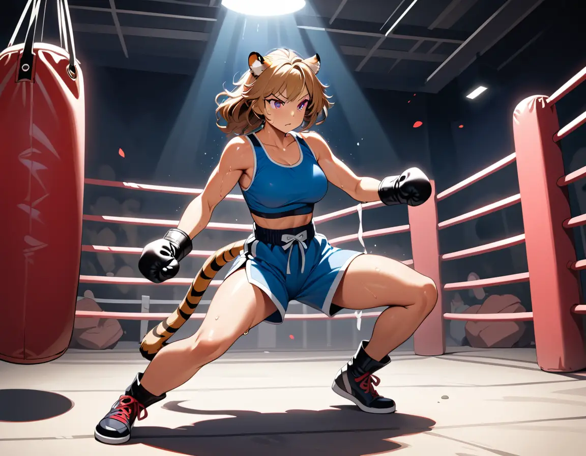 A tiger woman boxer holds her stance inside a dim boxing ring