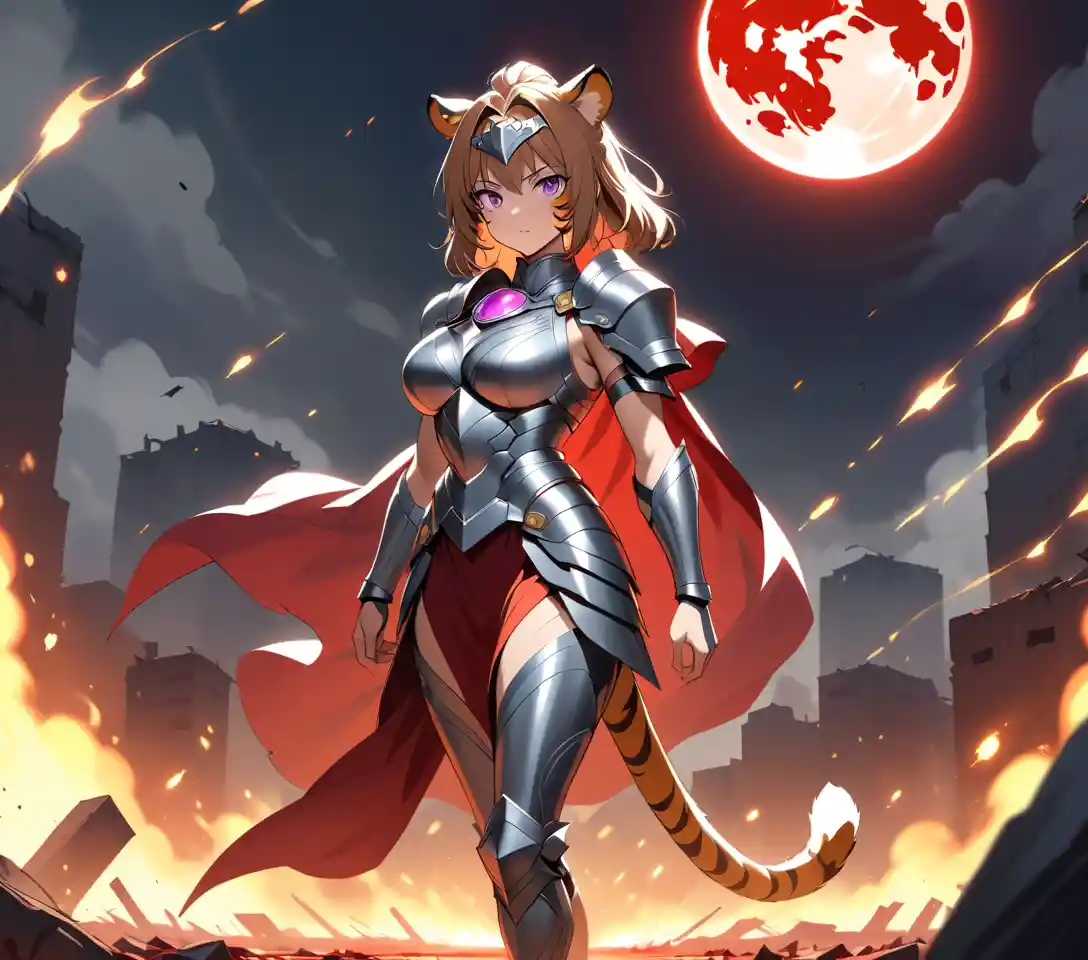 A mature tiger-woman warrior stands amid burning battlefield ruins