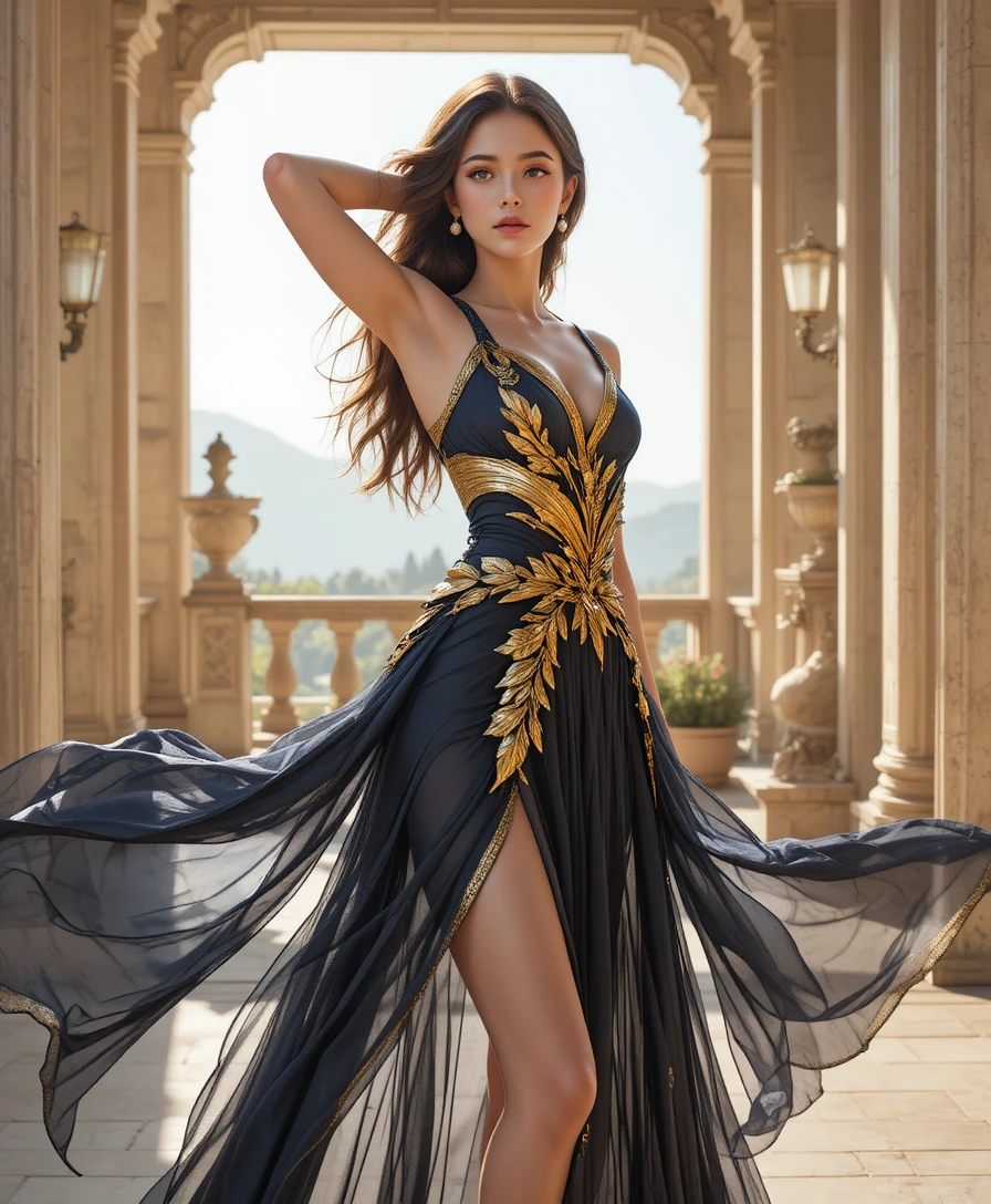 身穿華麗金色與海軍藍奇幻服飾的女子，佇立於宮殿露台