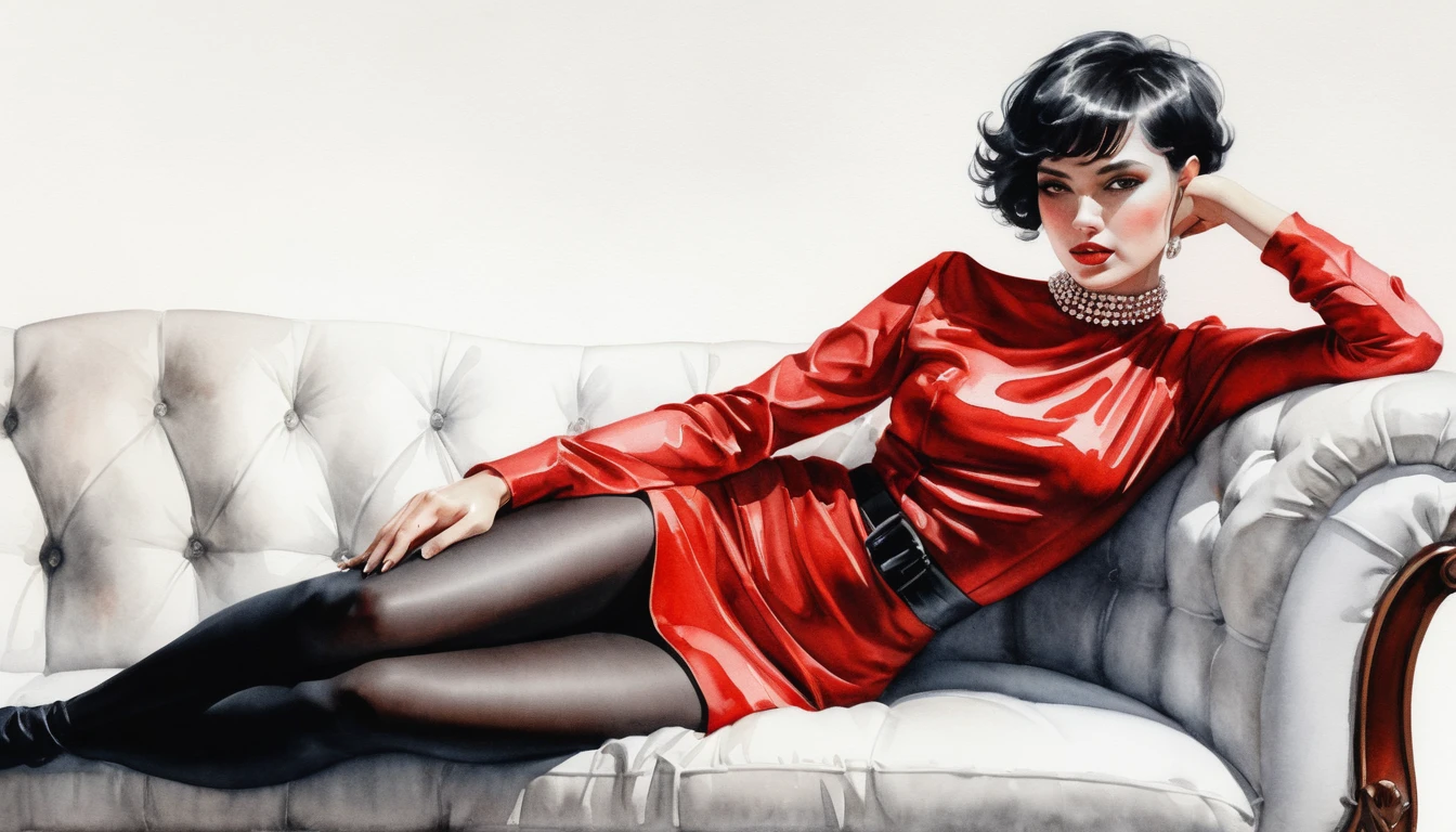 一位時尚女子慵懶地倚躺在沙發上，留著俐落的黑色短鮑伯頭