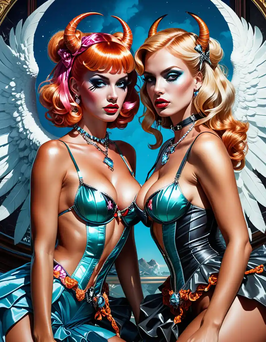 Angel and devil pinup women pose together in baroque Halloween costumes
