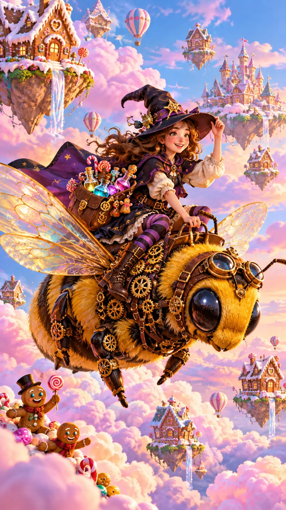 A witch rides a giant bumblebee through a whimsical candy-colored sky