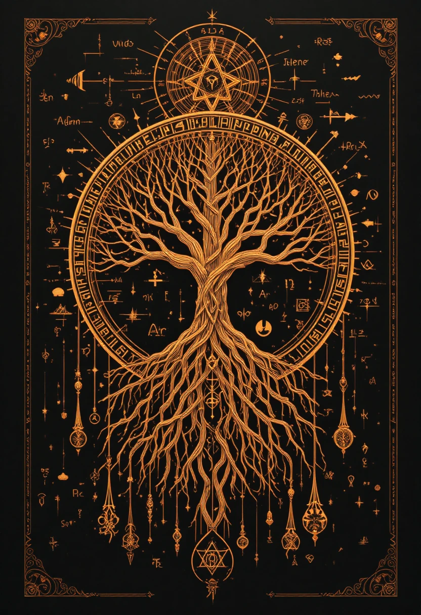 Diagramma esoterico luminoso con geometria sacra su sfondo nero