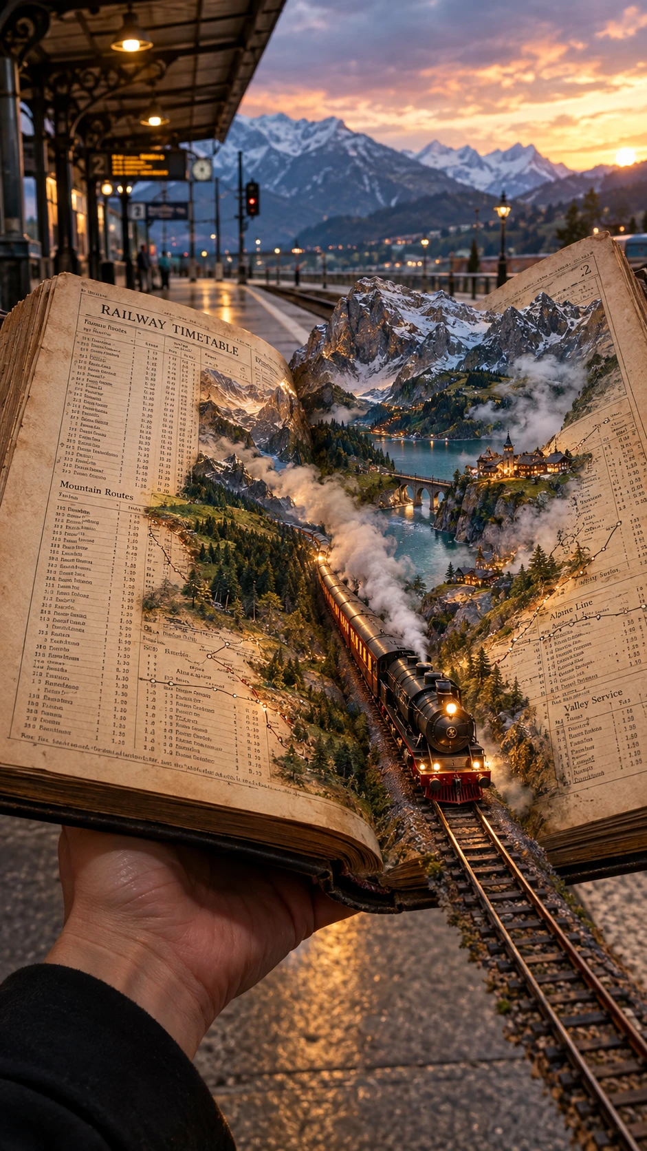 Un treno a vapore d'epoca attraversa un paesaggio fatto di un orario ferroviario