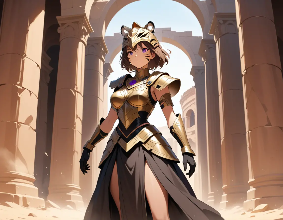 虎女戰士佇立於古羅馬競技場中，身處陽光灑落的拱門之下