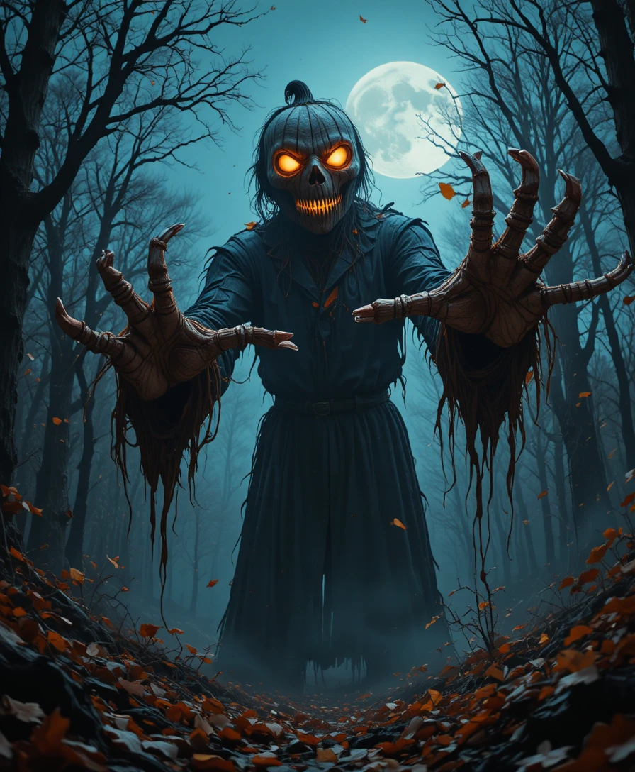 A Glowing Pumpkin-Headed Scarecrow Reaches Through a Gloomy Forest