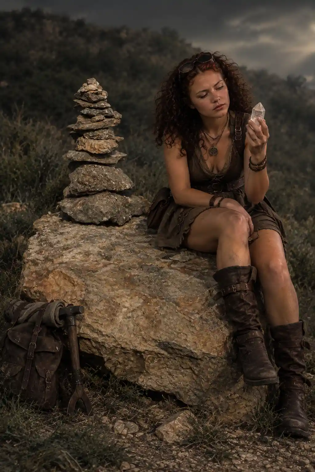 A young explorer examines a clear stone while seated on a rock
