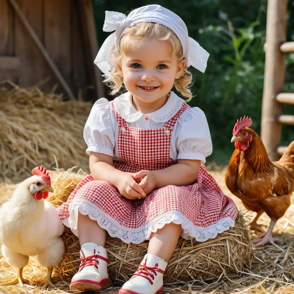 Una bambina tiene un uovo seduta accanto a una soffice gallina
