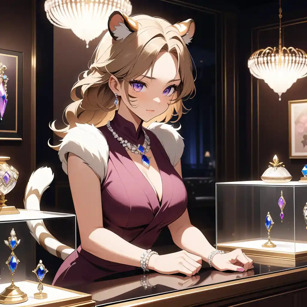 A tiger woman presents a sapphire necklace in an elegant boutique