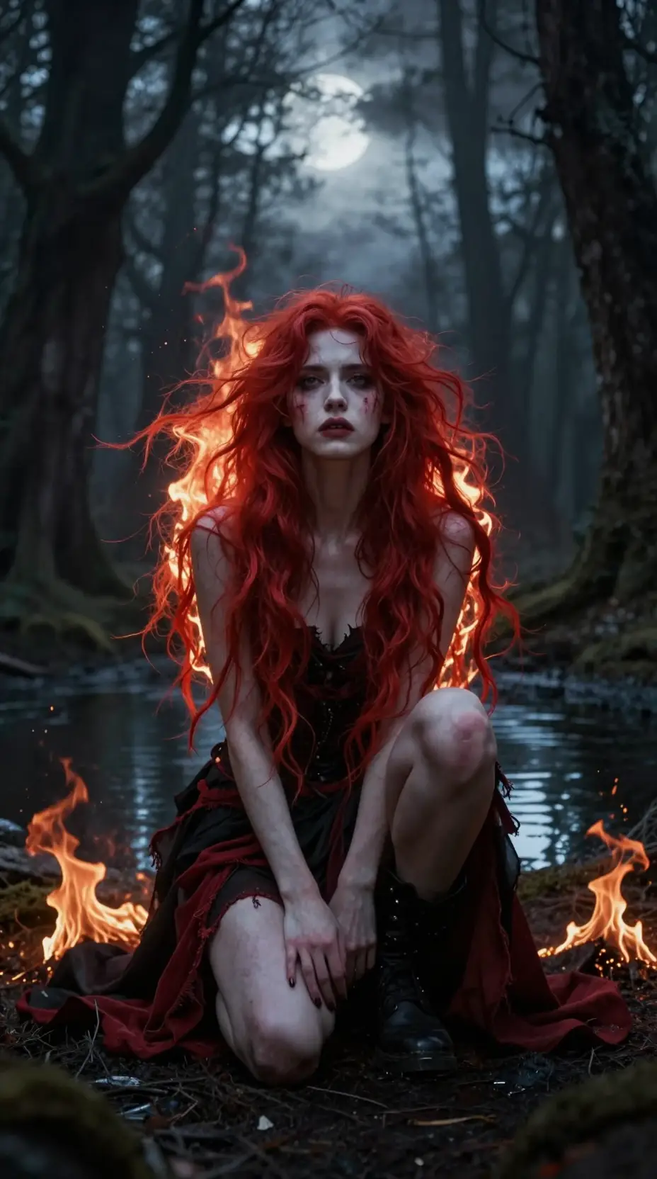 A crimson-haired woman crouches amid flames in a gloomy gothic forest