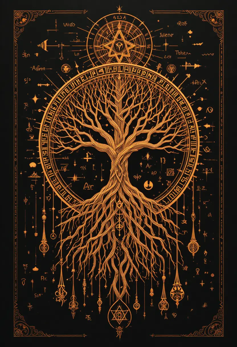 Diagramma esoterico luminoso con geometria sacra su sfondo nero