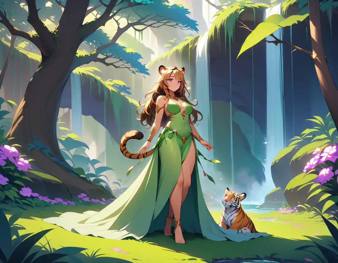 A tiger woman stands modestly among vines and flowers in Eden