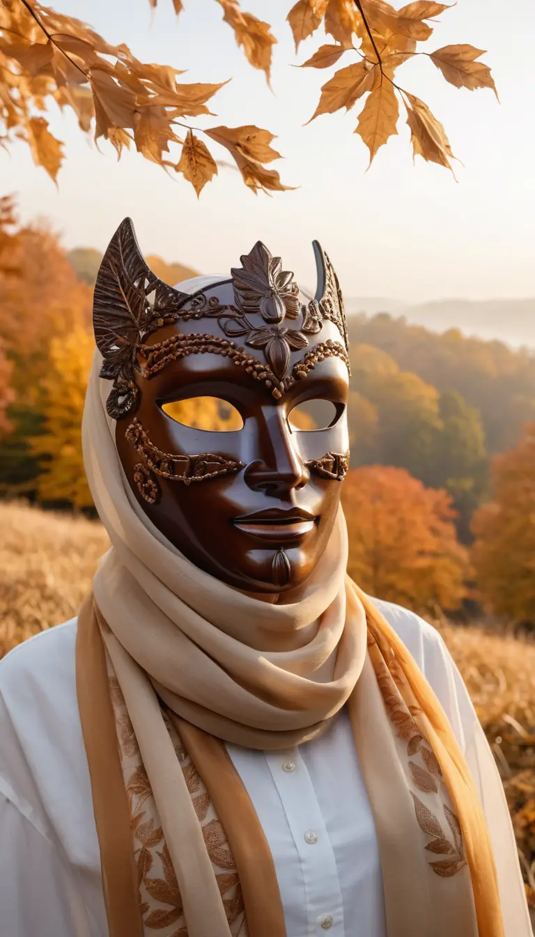 Eine kunstvoll geschnitzte Bernsteinmaske liegt auf einem nebligen Hügel