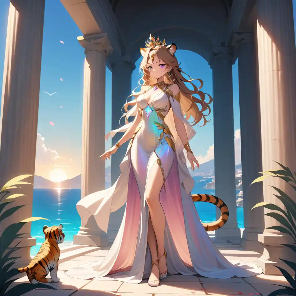身著虹彩絲綢的虎女，佇立在陽光灑落的寺廟露台上
