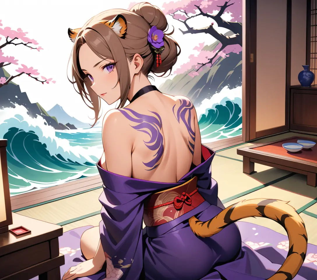 Tiger woman yakuza boss reveals her tattooed back in a Japanese room