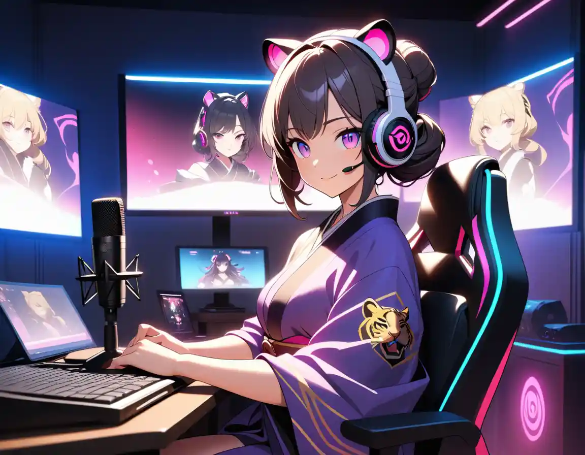 虎女 VTuber 在霓虹燈閃耀的榻榻米房間直播