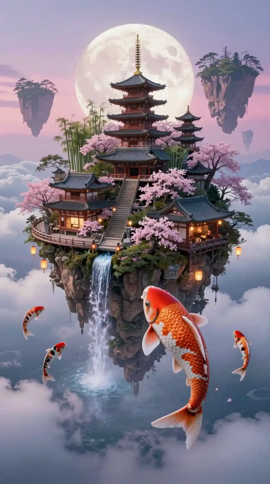 A Japanese city rides atop a giant koi through cloud oceans