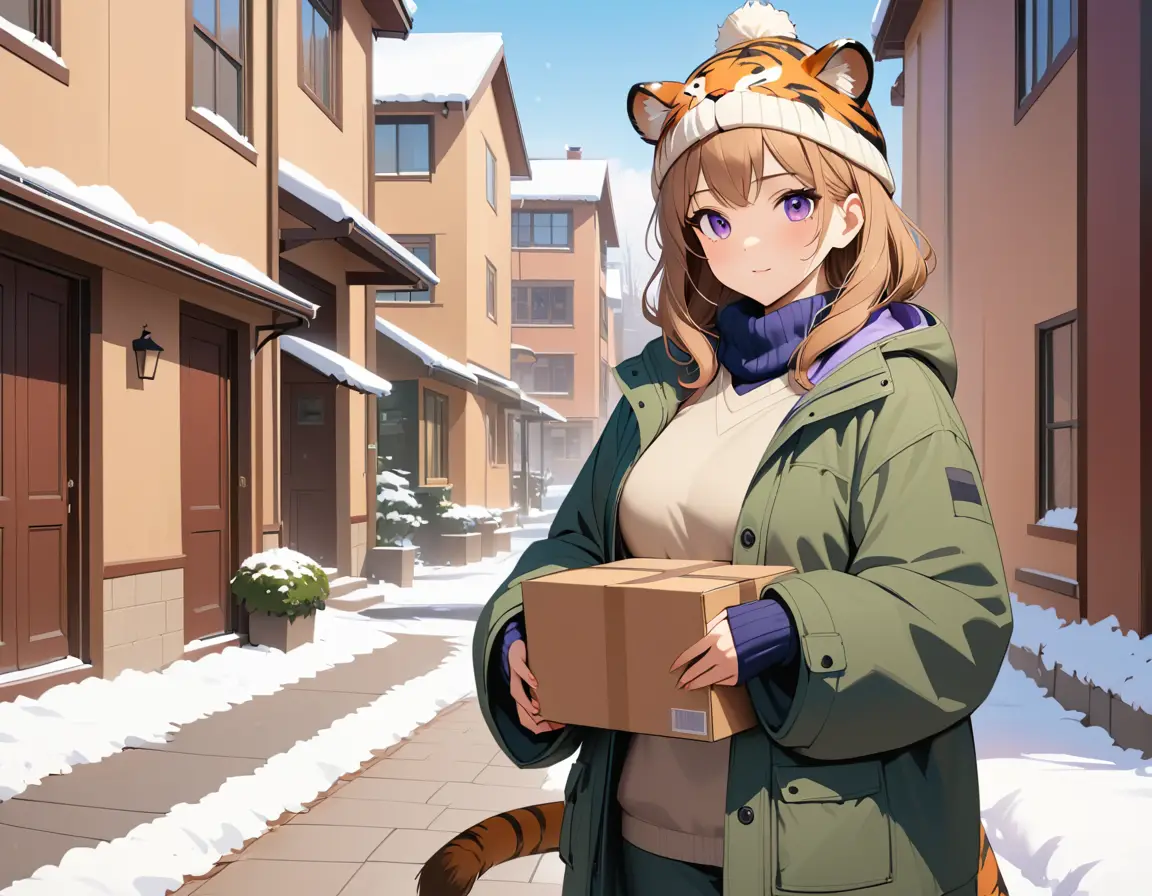 A Tiger Woman Delivers a Parcel on a Snowy Urban Sidewalk