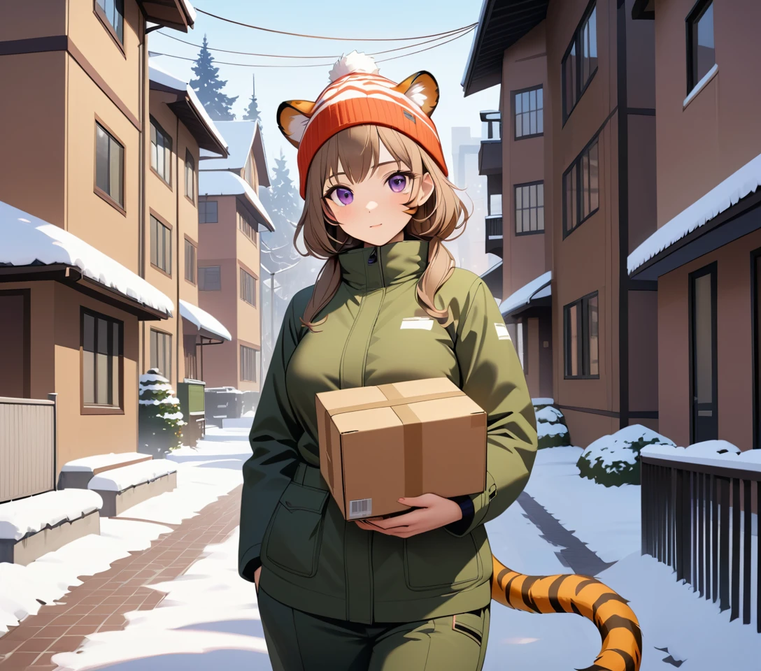 虎紋女子在積雪的公寓大樓外抱著一個包裹