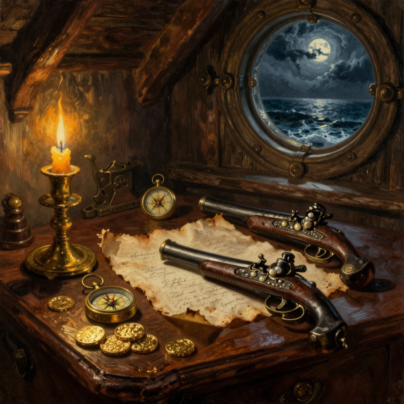A pirate captain's cabin desk glowing under warm golden candlelight