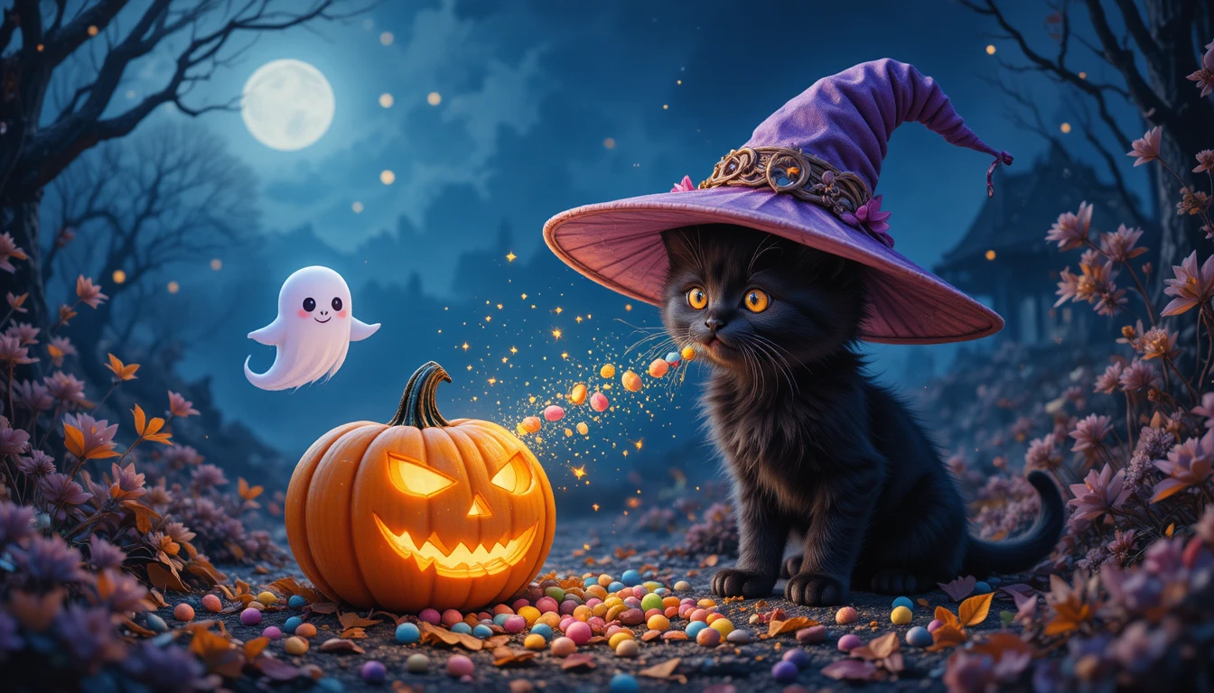 A black kitten meets a glowing pumpkin in a magical Halloween garden