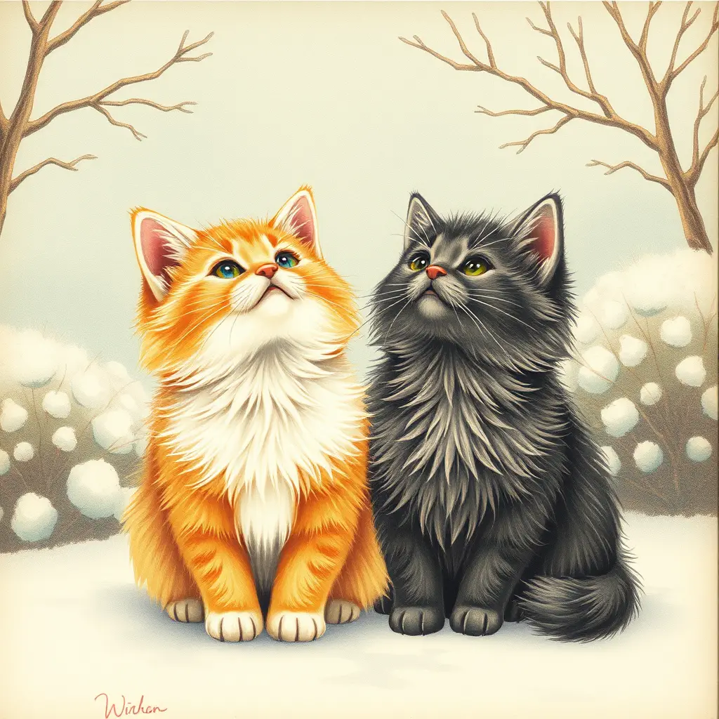Two fluffy cats watch falling snow in a quiet winter landscape